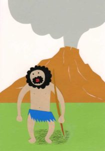 噴火した山と原始人のシンプルな切り絵イラスト
