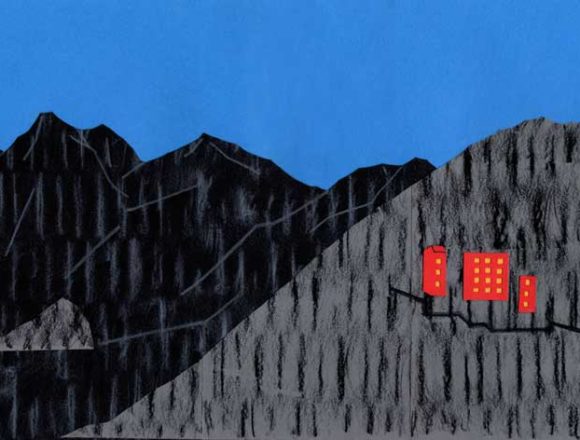 山の中の赤いホテルシンプルな切り絵イラスト