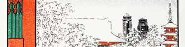 冬景色の雷門の浮世絵風ポスターイラスト