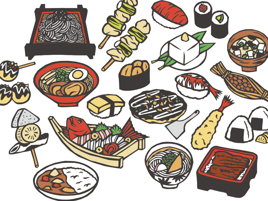 寿司とラーメンとそばにうどん等の日本料理と日本食の切り絵イラスト