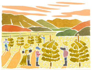 山形おきたま米の風景の水彩イラスト