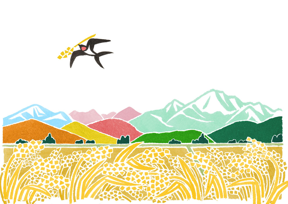 山形おきたま米の風景の水彩イラスト