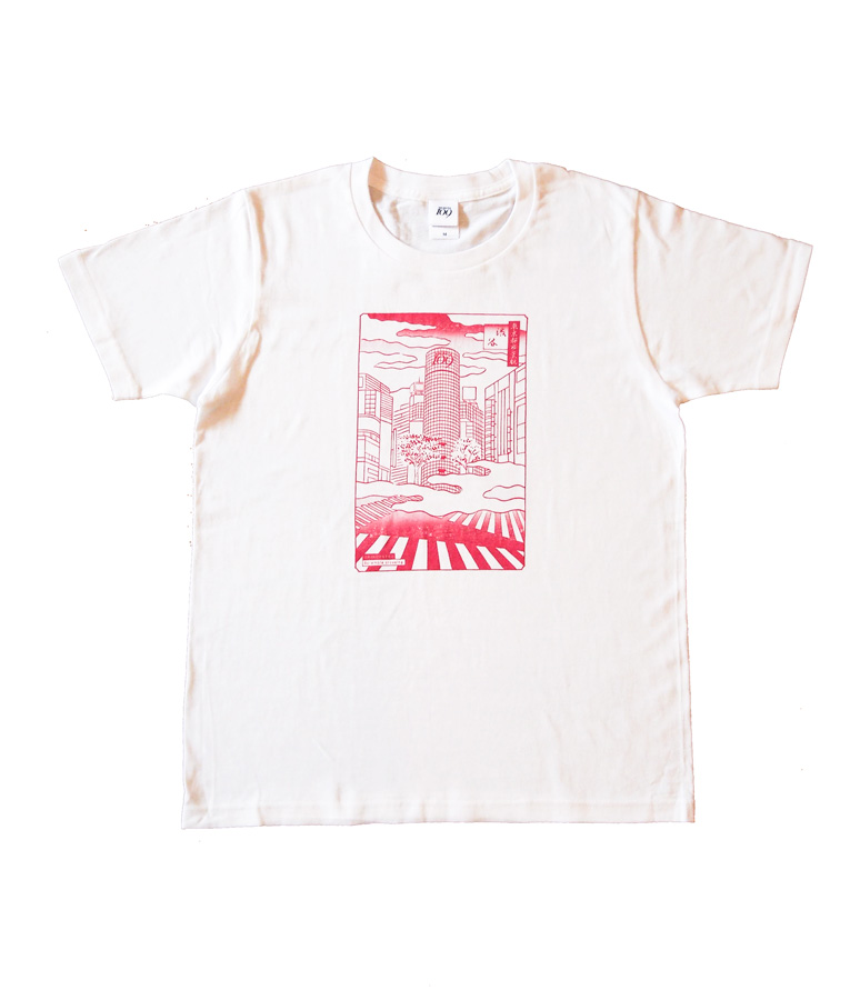 渋谷109とのコラボTシャツ。浮世絵で現在の渋谷の町並みを表現した。