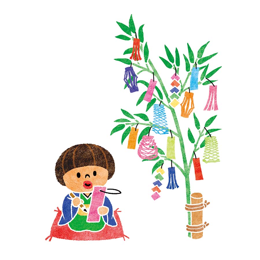 七夕飾り、願い事を書く子供の水彩イラスト
