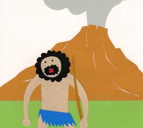 噴火した山と原始人のシンプルな切り絵イラスト