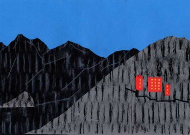 山の中の赤いホテルシンプルな切り絵イラスト