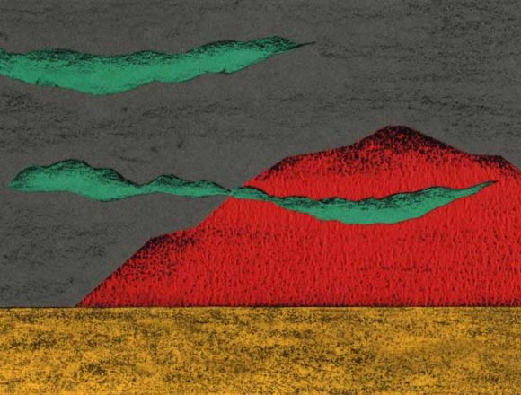 赤い山と黄色い海のシンプルな切り絵イラスト