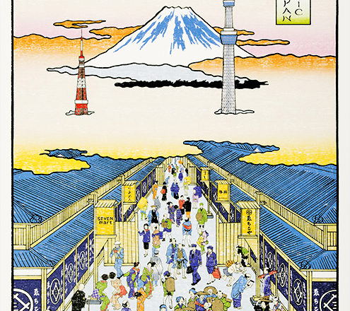 富士山がある風景の浮世絵風ポスターイラスト