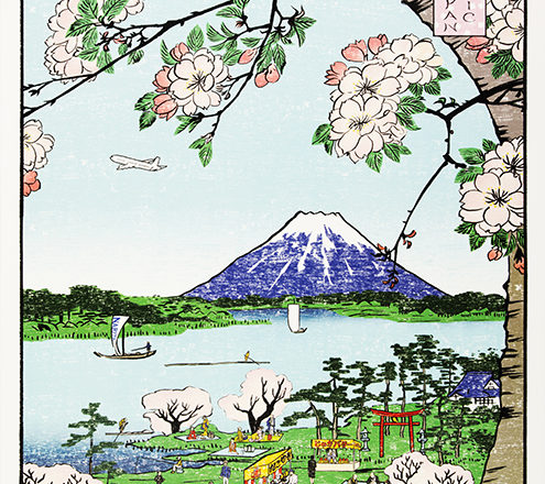 春の桜がある風景の浮世絵風ポスターイラスト