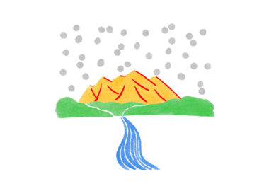 ゆのたにお餅パッケージに山と川と雪を和風のイメージに水彩で描いた