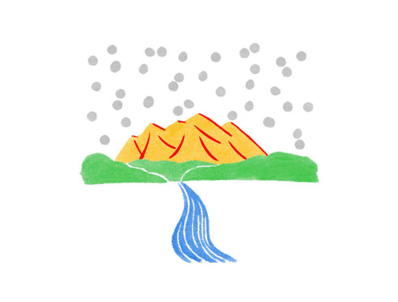 ゆのたにお餅パッケージに山と川と雪を和風のイメージに水彩で描いた