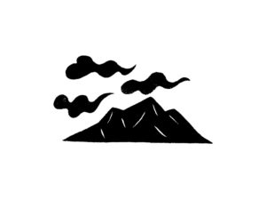 山と雲の版画風モノトーンイラスト