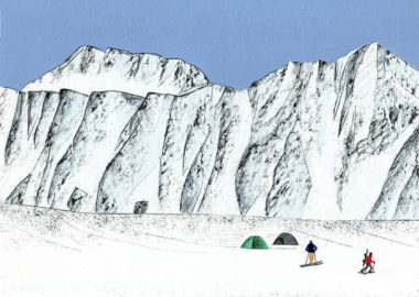 HESTRAグローブカタログの山の風景を描いた切り絵イラスト