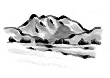 八海山の山の水墨画風イラスト