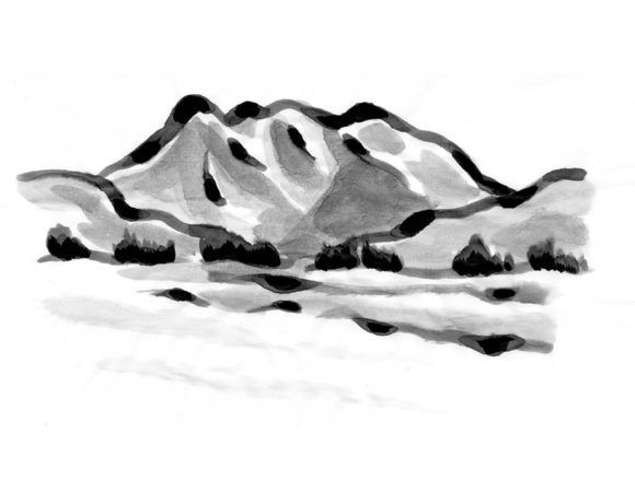 八海山の山の水墨画風イラスト