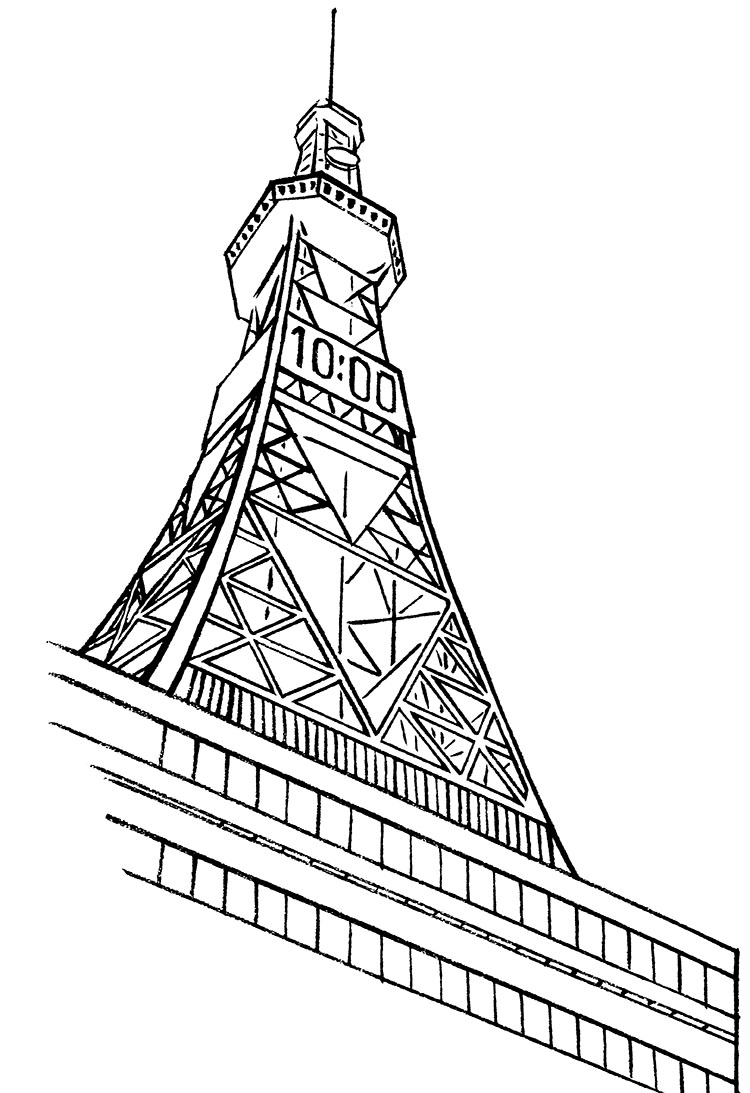 モノトーンの浮世絵風ドローイングイラストの北海道時計塔
