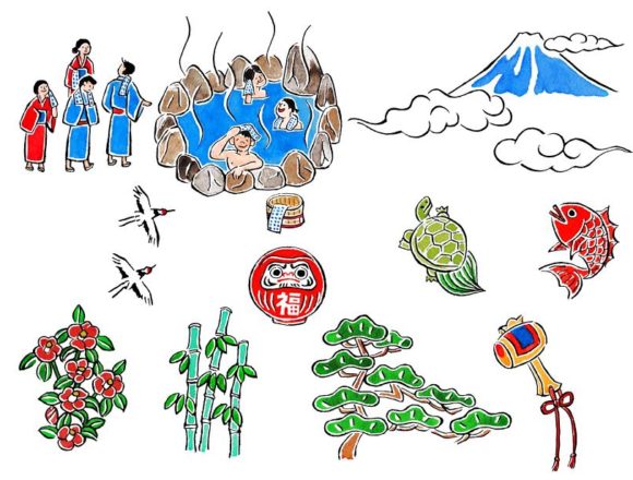 お正月の縁起物のイラスト。鶴、亀、鯛、だるま、温泉、富士山、椿に松、竹、打ち出の小づちの水彩のドローイング。