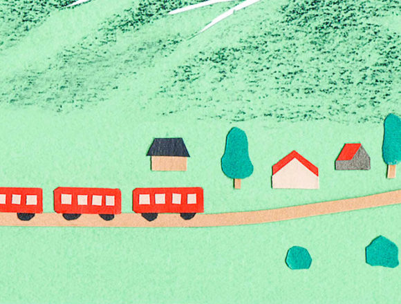 ランドネ2019年３月号の電車と山をテーマにした切り絵で制作したイラスト