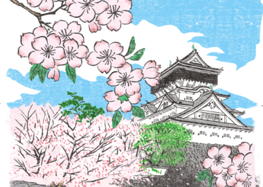 福岡県小倉城の花見イラスト
