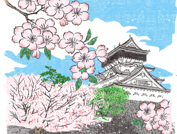 福岡県小倉城の花見イラスト